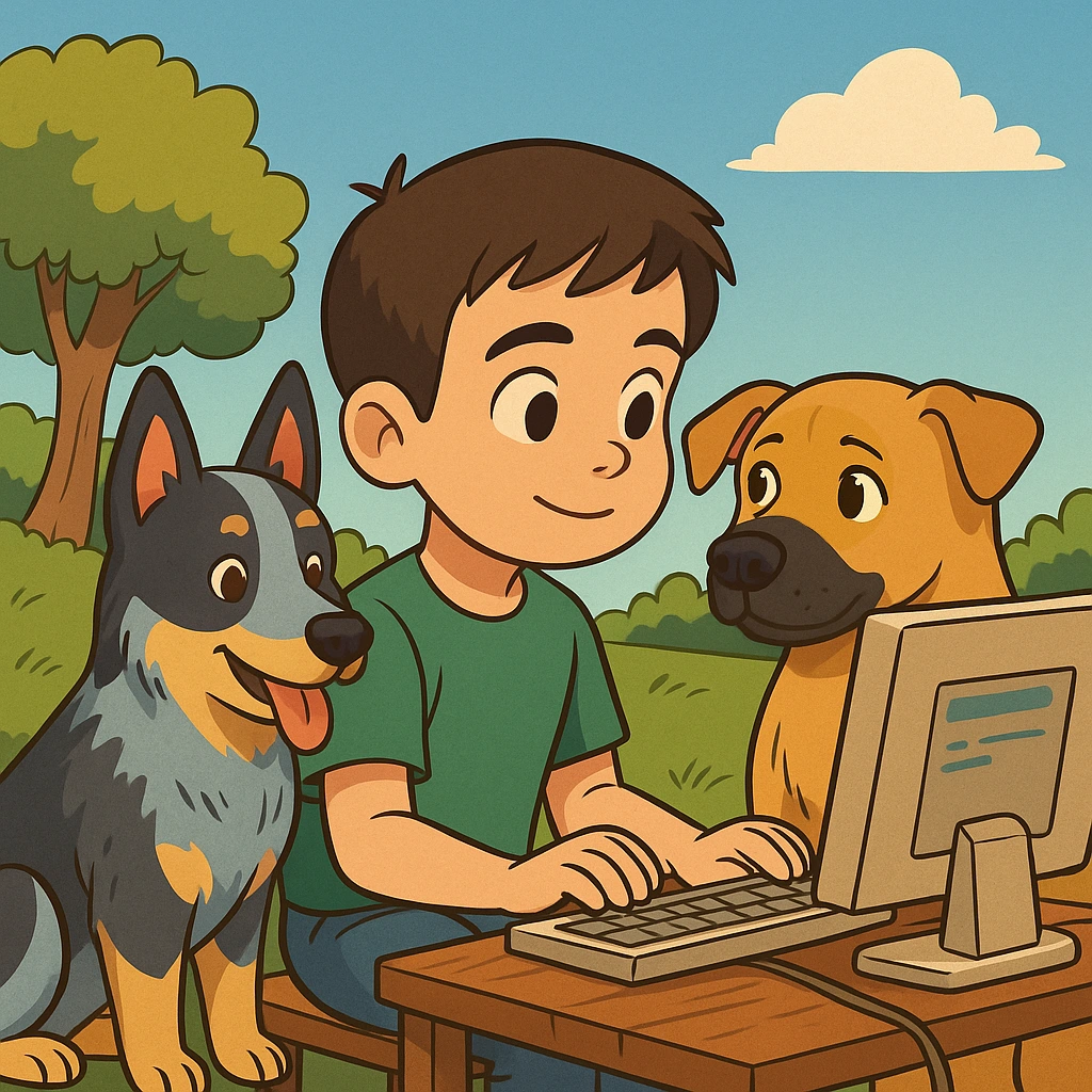 the kid in the computer with his dogs