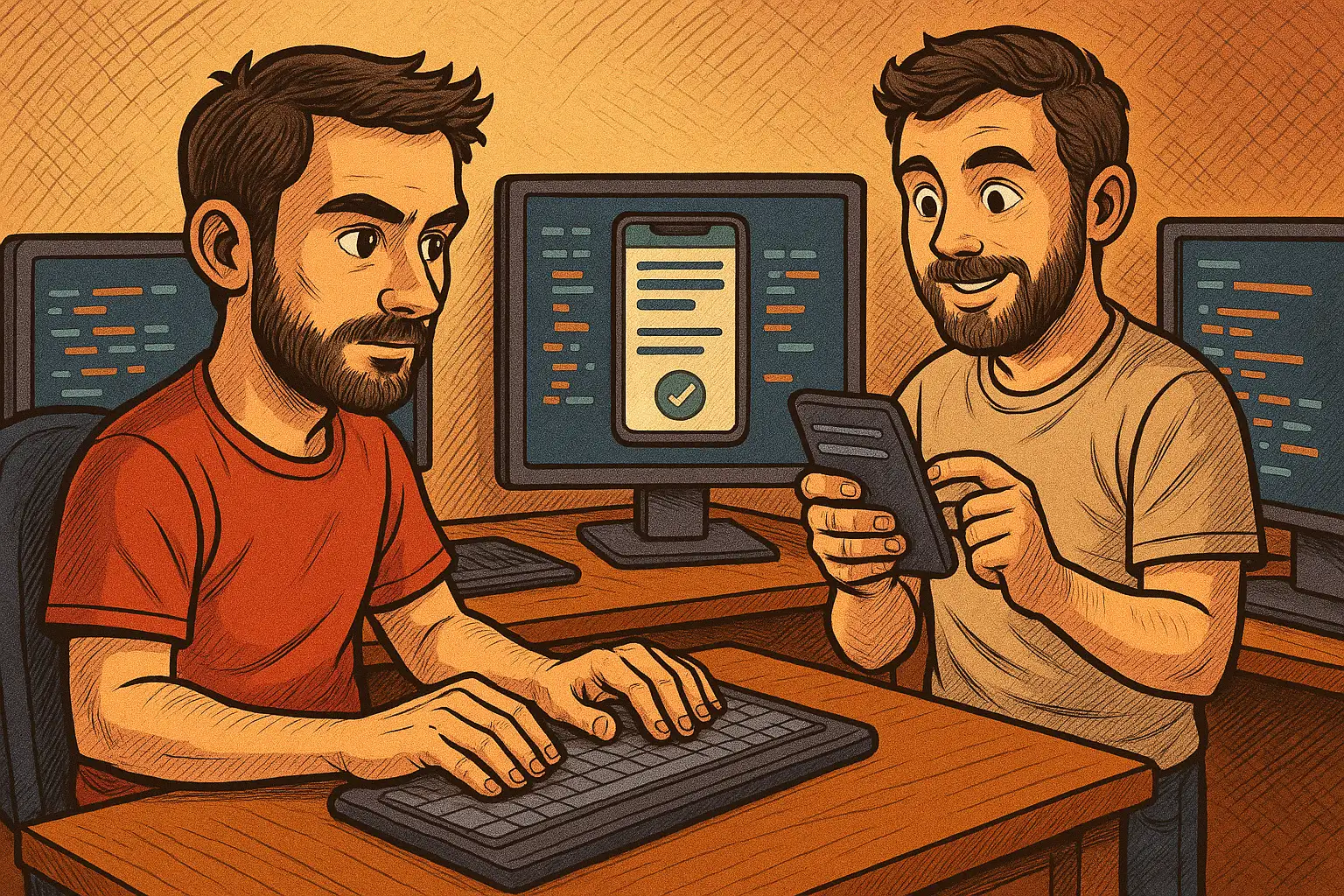 two men testing a mobile app